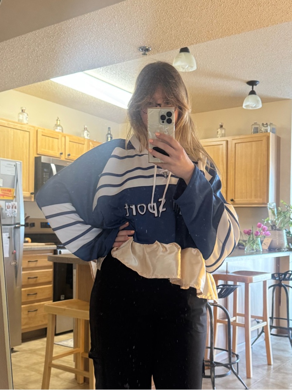 Vintage Cropped Hoodie with Satin Ruffle